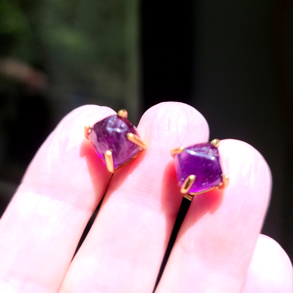 Amethyst Pyramid nugget earrings sterling &gold - Picture 3 of 8
